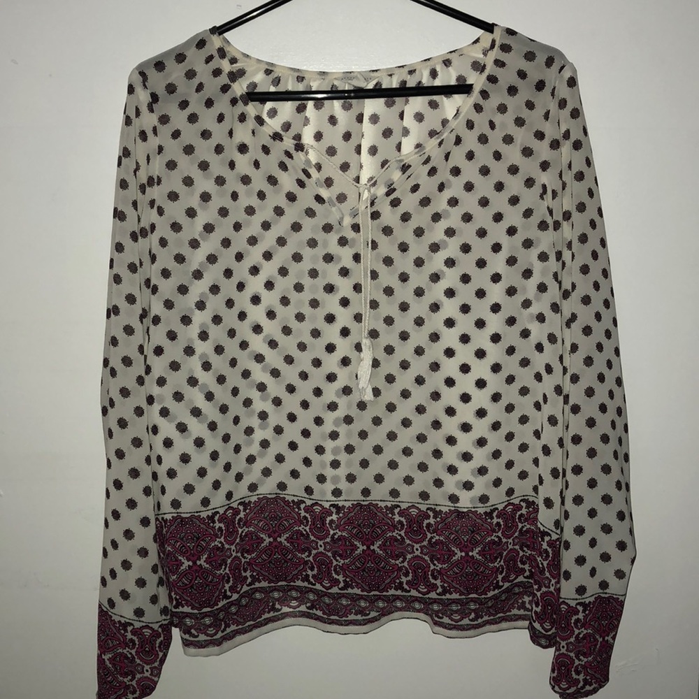 white blouse with maroon print